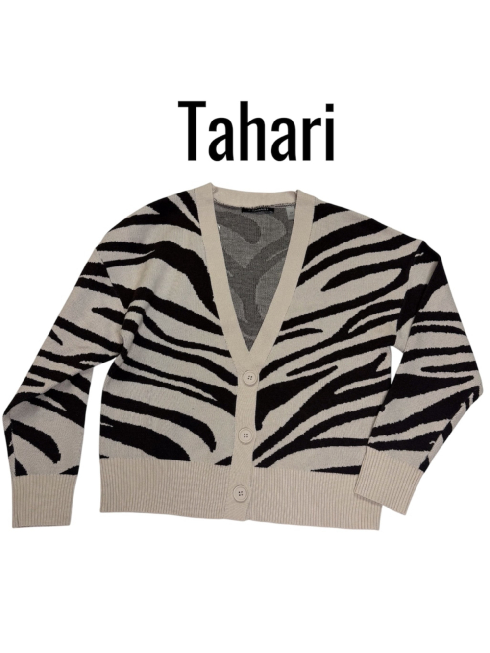 Tahari Cardigan Sweater Zebra Stripe V-Neck Button Cream Chocolate Brown S/P